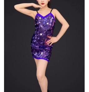 Girls kids purple gold silver sequins latin jazz dance dresses shiny glitter salsa rumba chacha tap dance moving dance performance skirts for kids